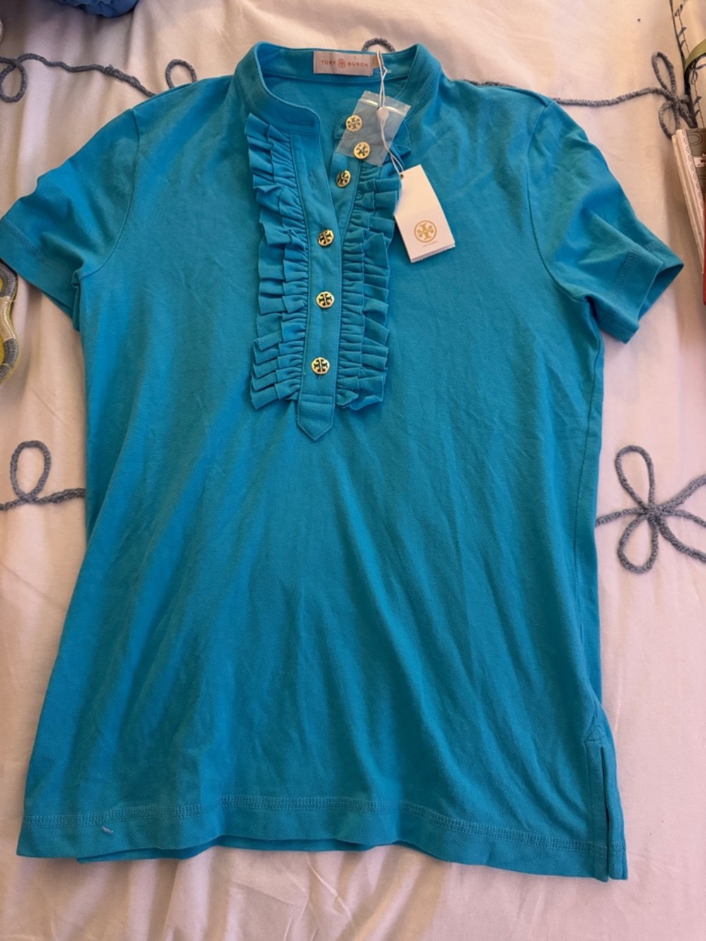 Tory Burch Ruffle Polo in Turquoise Blue